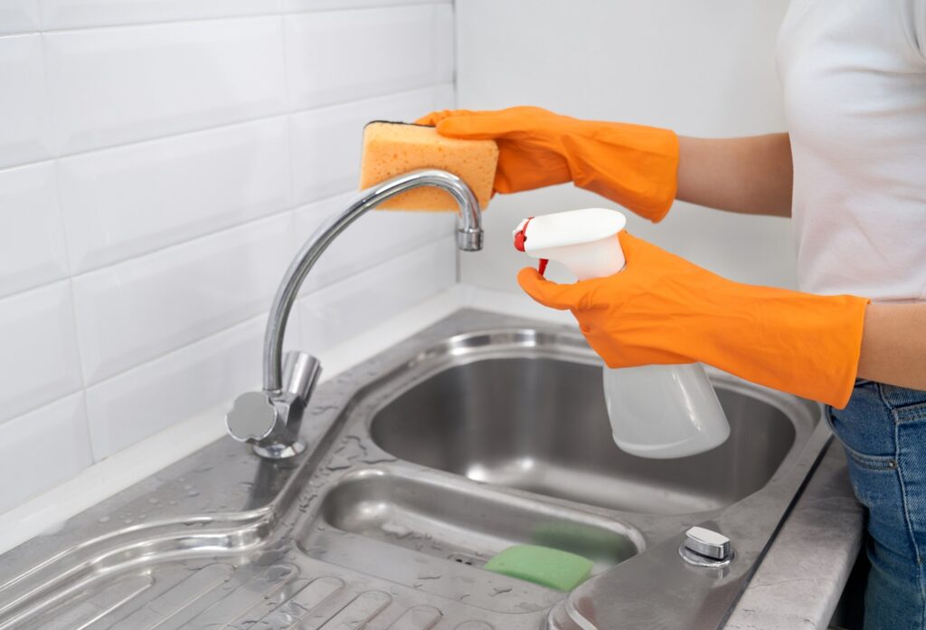 Persona por limpiar grifo de cocina